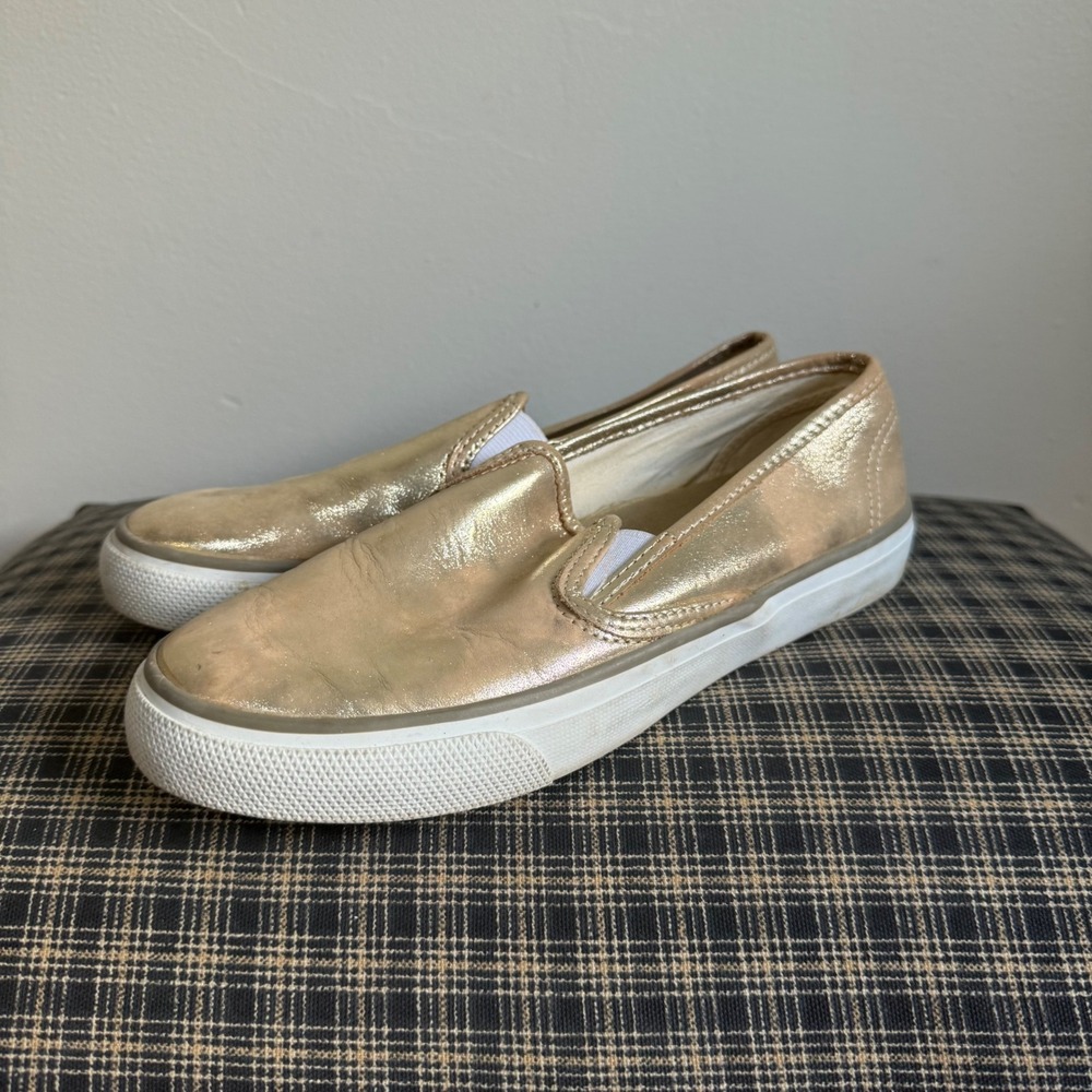 Sperry Top-Sider STS95440 Metallic Gold Leather Slip On Sneakers Size 8M Gold